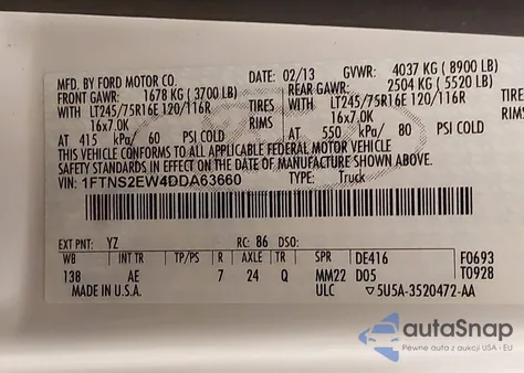 2013 Ford E-250 Commercial z USA, uszkodzony, nr VIN 1FTNS2EW4DDA63660